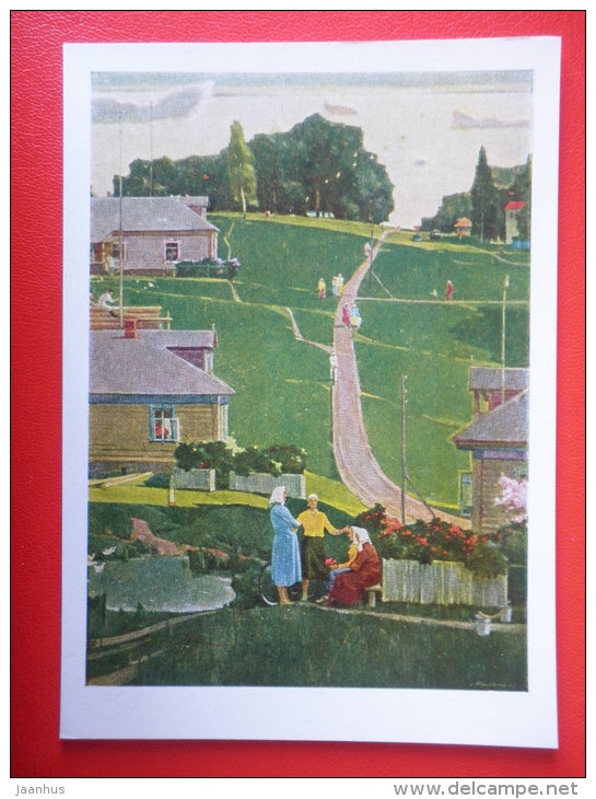 painting by G. Nissky . Collective Farm Zagorye , 1960 - Kolkhoz - russian village - russian art - unused - JH Postcards