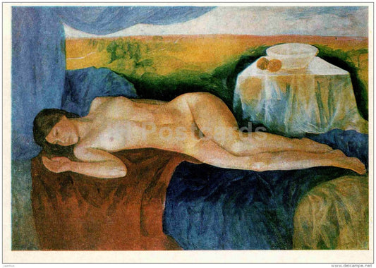 painting by O. Subbi - Nude Woman on the Background of a Landscape , 1968 - estonian art - Estonia USSR - 1984 - unused - JH Postcards