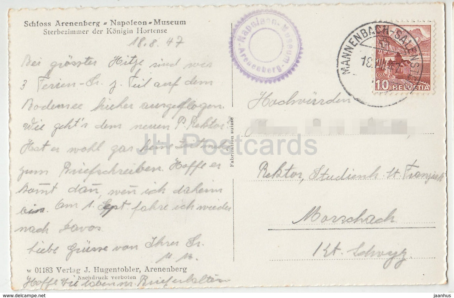 Schloss Arenenberg - Napoleon-Museum - castle - museum - Sterbezimmer der Konigin Hortense - Switzerland - 1947 - used