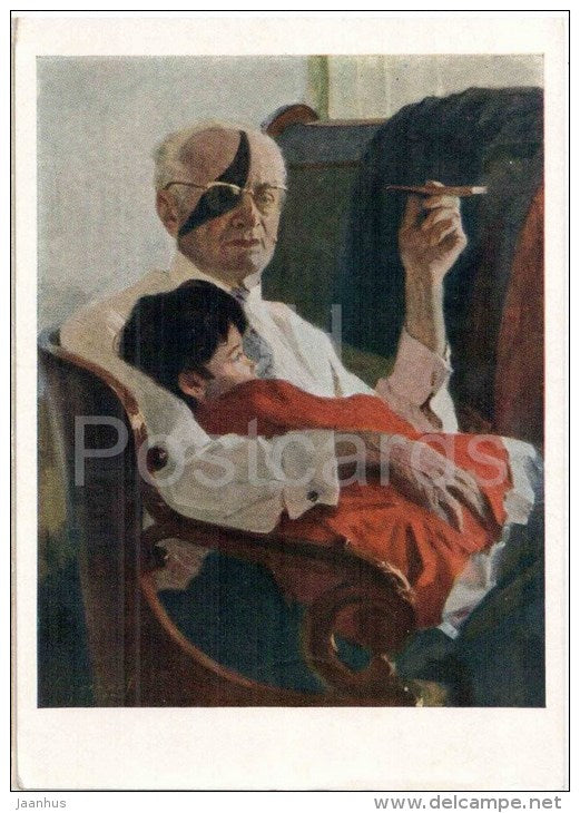 painting by V. Yefanov - Grandfather with his Granddaughter - russian art - unused - JH Postcards