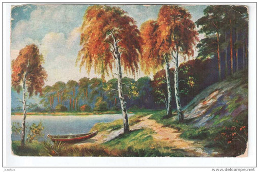 illustration by Fiebiger - boat , birch trees - lake - WSSB - old postcard - circulated in Estonia - used - JH Postcards