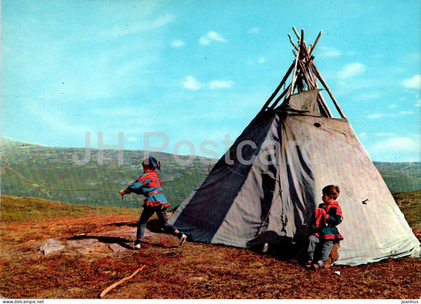 Lappboys playing - folk costume - 3469 - Norway - used - JH Postcards