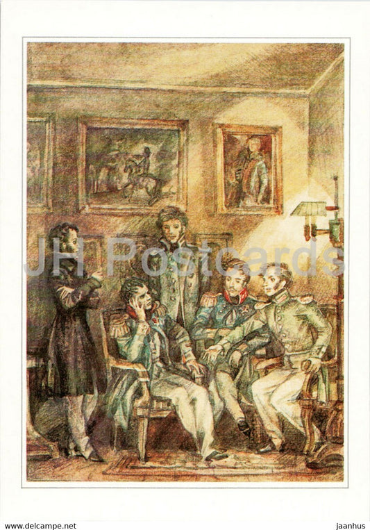 Russian writer Alexander Pushkin - 1820 with Decembrists in Kamenka - illustration - 1984 - Russia USSR - unused - JH Postcards