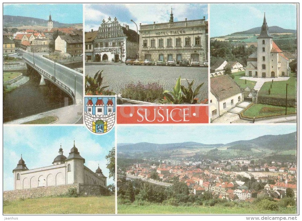 Susice - Klatovy district - hotel Fialka - St. Vaclav church - chapel - Czechoslovakia - Czech - used 1988 - JH Postcards