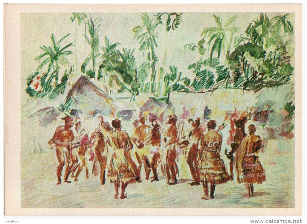 paintings by Plakhov and Alekseyev - Celebratory dance in the Bongu village - Pacific - 1979 - Russia USSR - unused - JH Postcards