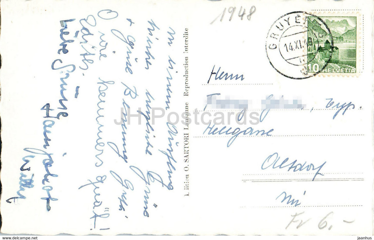 Gruyères et le Moleson - 1143 - carte postale ancienne - 1948 - Suisse - occasion