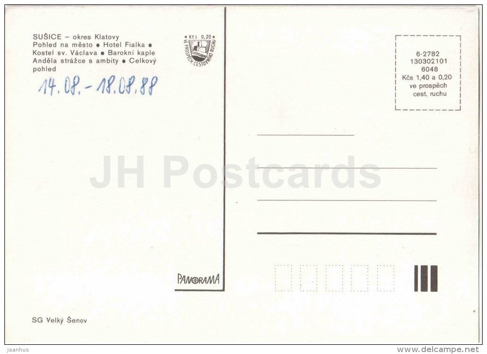 Susice - Klatovy district - hotel Fialka - St. Vaclav church - chapel - Czechoslovakia - Czech - used 1988 - JH Postcards