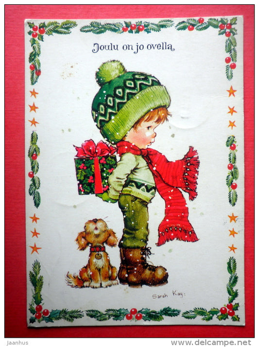 Christmas Greeting Card by Sarah Kay - boy - dog - gift - 36886/6 Finland - sent from Finland Turku to Estonia USSR 1979 - JH Postcards