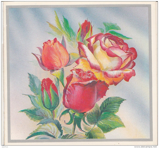 mini birthday greeting card by V. Pankin - red roses - flowers - 1989 - Russia USSR - unused - JH Postcards