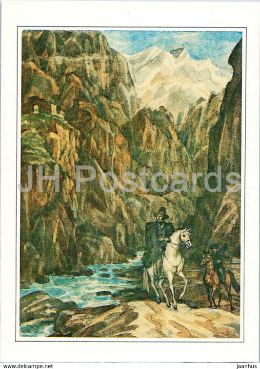 Russian writer Alexander Pushkin - 1829 in Caucasus - horse - illustration - 1984 - Russia USSR - unused - JH Postcards