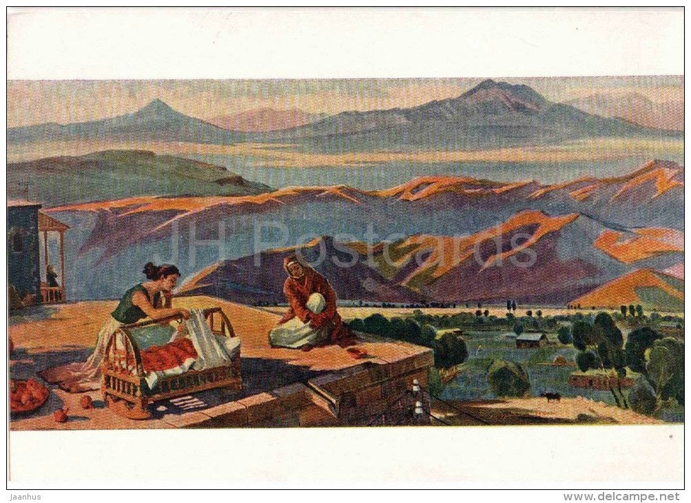 painting by M. Abegyan - Lullaby - mountains - armenian art - unused - JH Postcards
