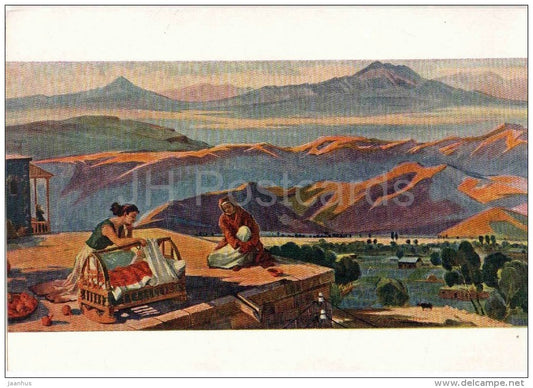 painting by M. Abegyan - Lullaby - mountains - armenian art - unused - JH Postcards