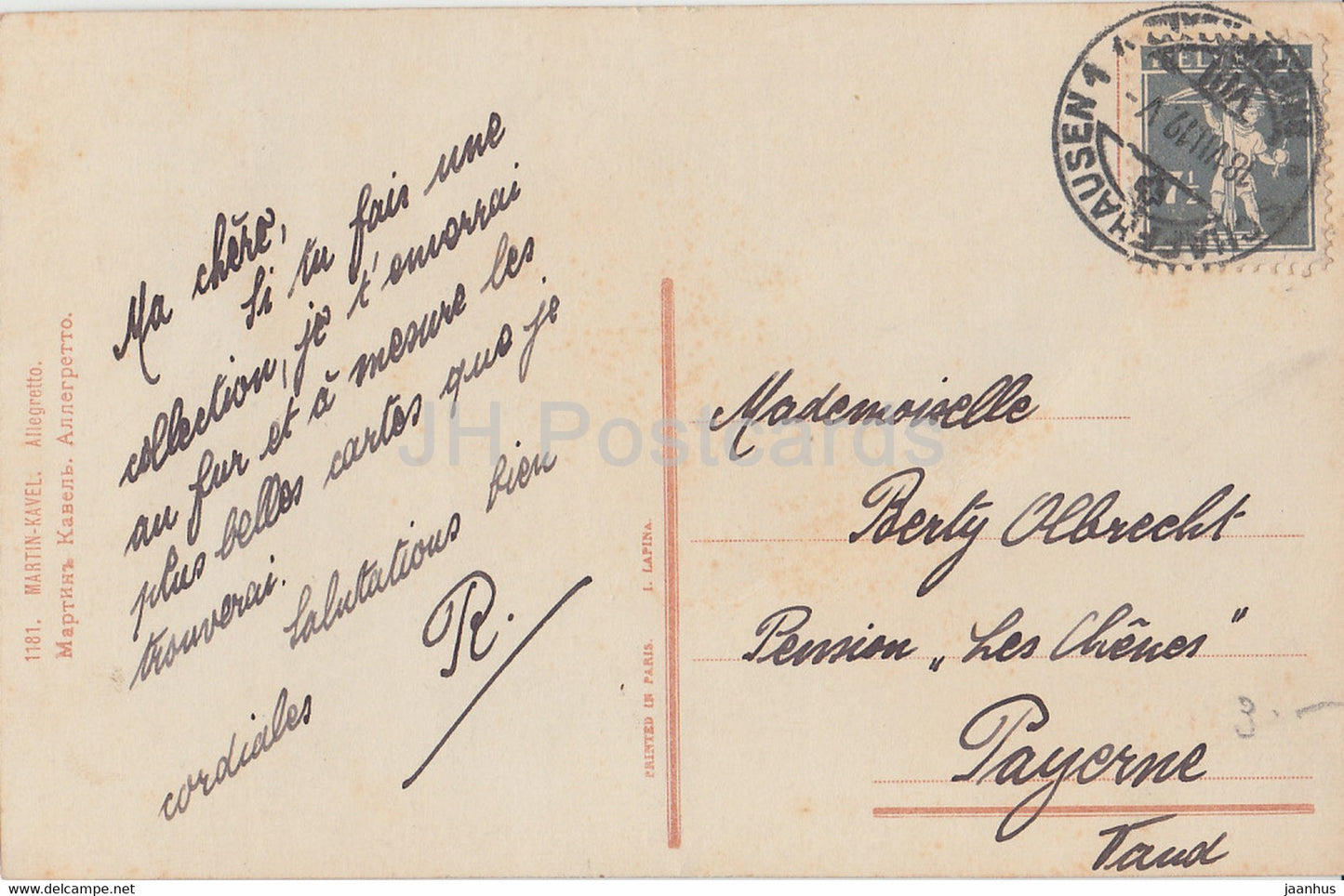 Gemälde von Martin Kavel – Allegretto – Klavier – französische Kunst – I. Lapina – 1181 – alte Postkarte – 1919 – Frankreich – gebraucht