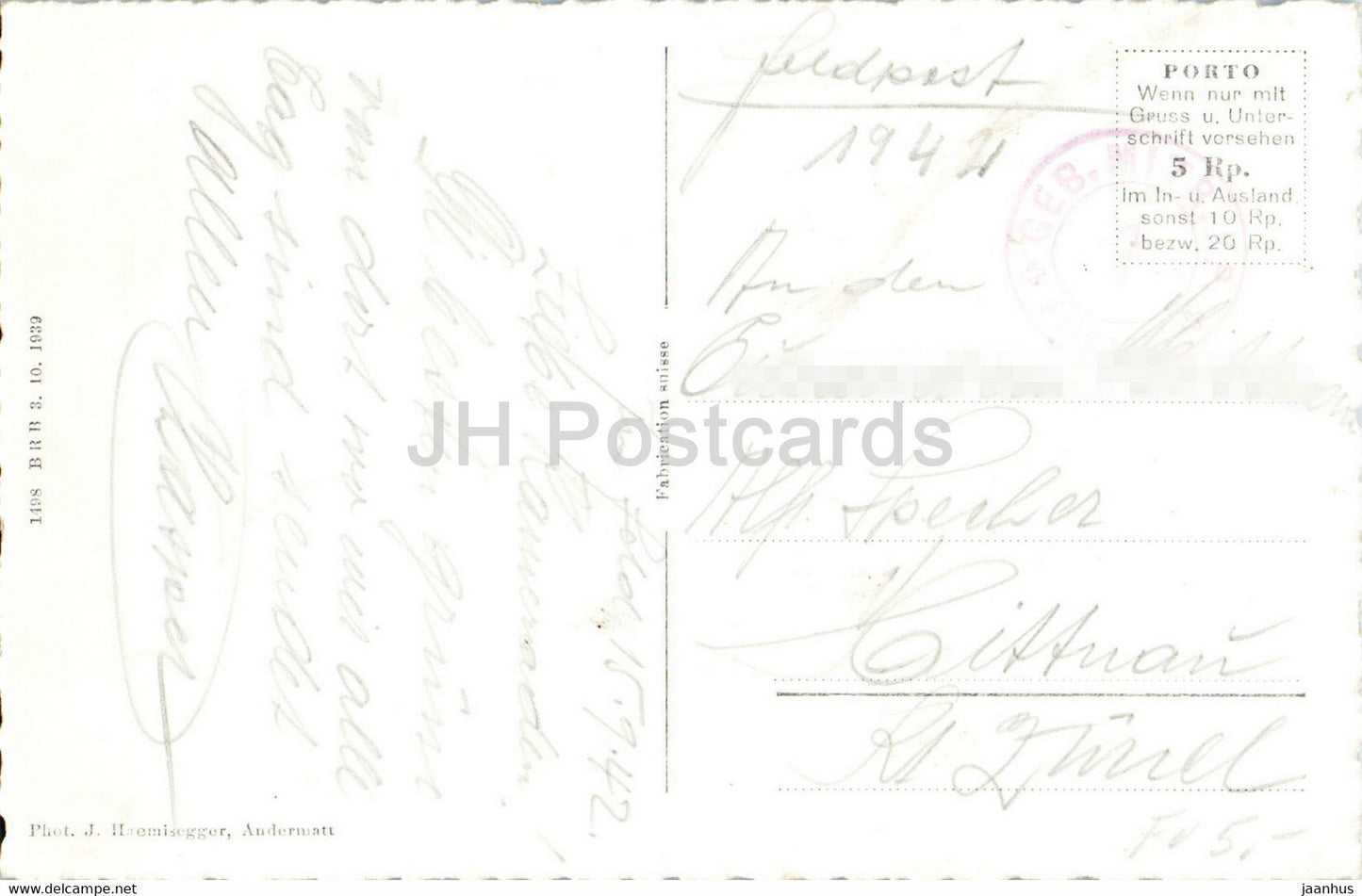 Andermatt - Piz Lucendro - 7206 - Feldpost - courrier militaire - carte postale ancienne - 1944 - Suisse - utilisé