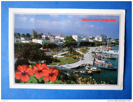 Greetings from Kos - port - olympic stamp - sent from Greece to Finland 1988 - Greece - used - JH Postcards