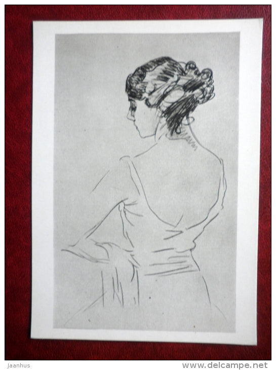 drawing by V. Serov - portrait of a ballerina T. Karsavina , 1909 - russian art - unused - JH Postcards