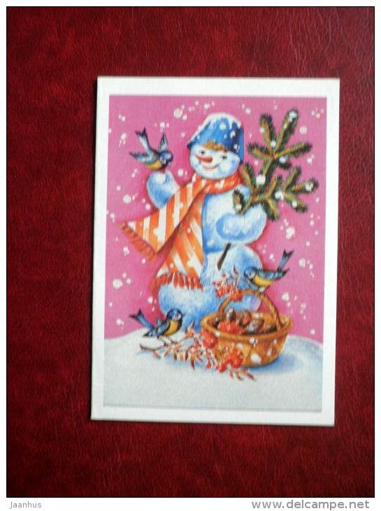 New Year mini greeting card - snowman - tits - birds - 1987 - Russia USSR - used - JH Postcards