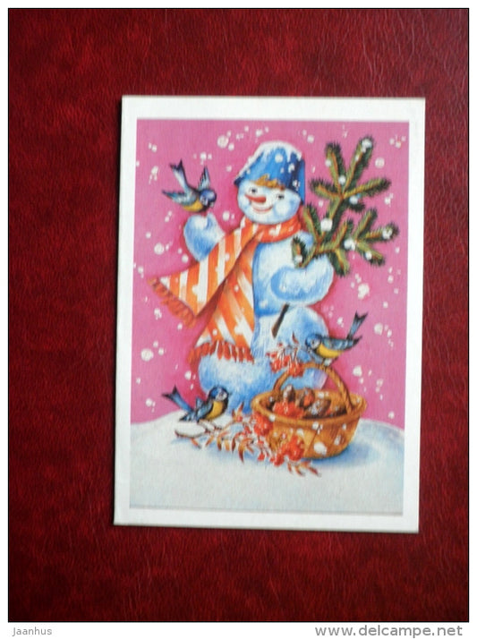 New Year mini greeting card - snowman - tits - birds - 1987 - Russia USSR - used - JH Postcards