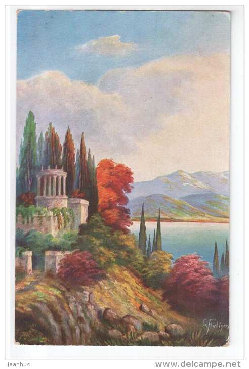 illustration by Fiebiger - pavilion , sea - Amag 1070 - old postcard - unused - JH Postcards