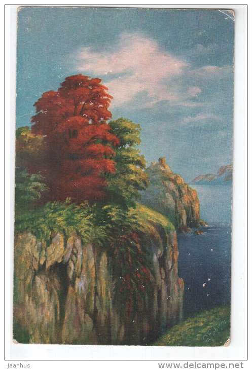illustration by Fiebiger - trees , sea - Amag 405 - old postcard - unused - JH Postcards