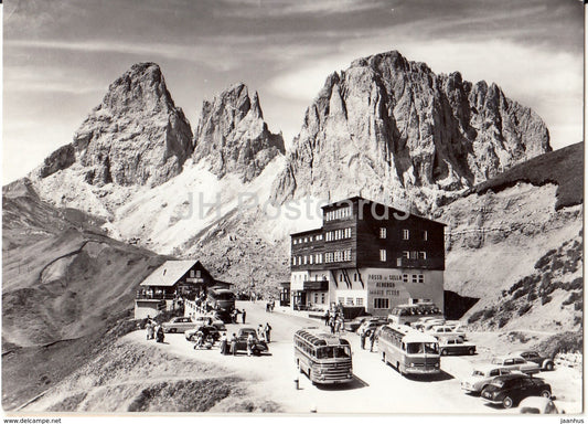 Passo di Sella - Albergo - Mari Flora - bus - cars - photo - Italy - unused - JH Postcards