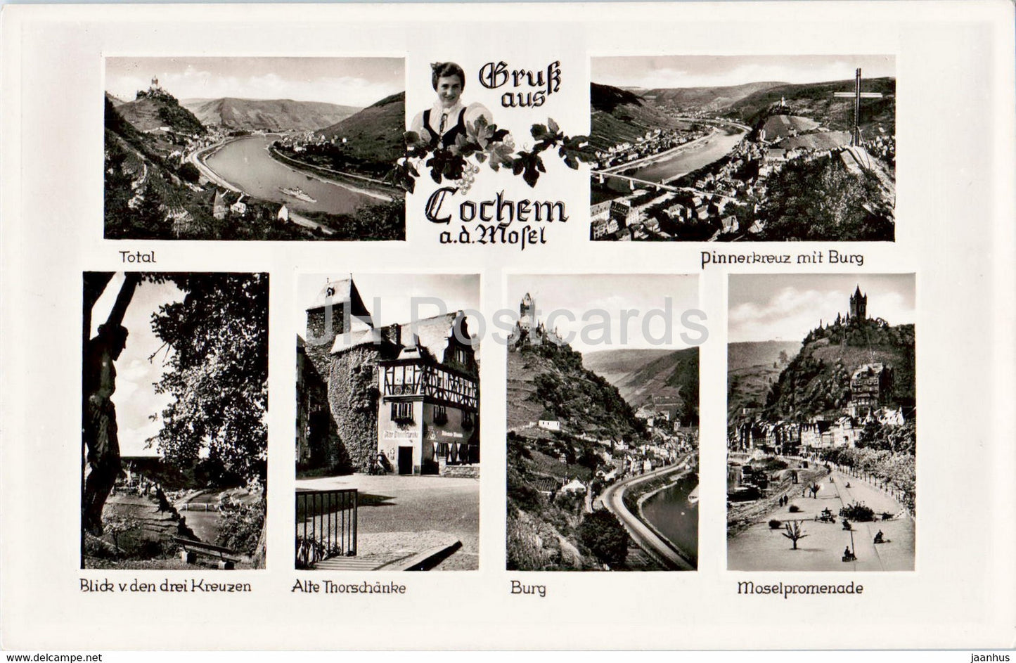 Gruss aus Cochem a d Mosel - Pinnerkreuz mit Burg - Alte Thorschanke - Moselpromenade - old postcard - Germany - unused - JH Postcards