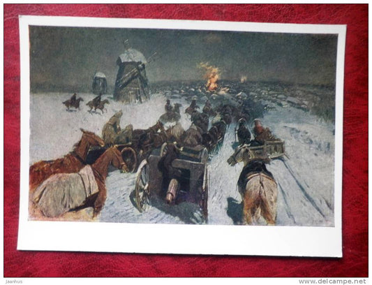Painting by M. B. Grekov - the entry of the First Cavalry Army in Shablievk, 1927 - horses  - russian art - unused - JH Postcards