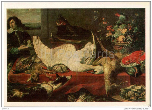 painting by Frans Snyders - Still Life with Swan - dog - hare - deer - wild boar - flemish art - unused - JH Postcards