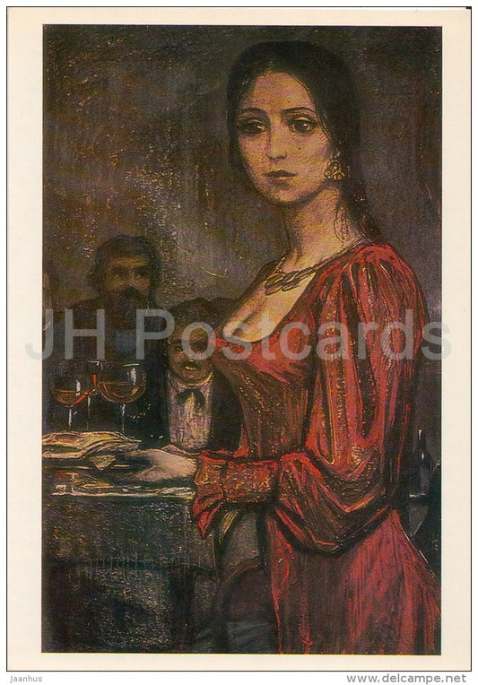 illustration by I. Glazunov - The Enchanted Wanderer by N. Leskov - lady in red - Russia USSR - 1985 - unused - JH Postcards