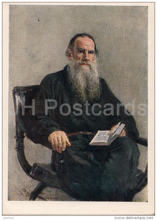 painting by I. Repin - Russian Writer L. Tolstoy , 1887 - Russian art - 1955 - Russia USSR - unused - JH Postcards