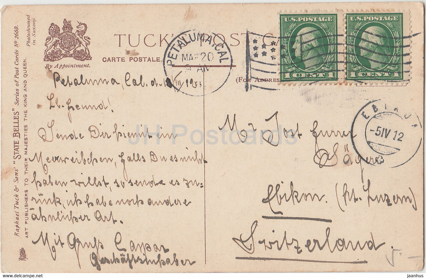 The Rhode Island Belle - State Belles - Raphael Tuck - old postcard - 1912 - United States - USA - used