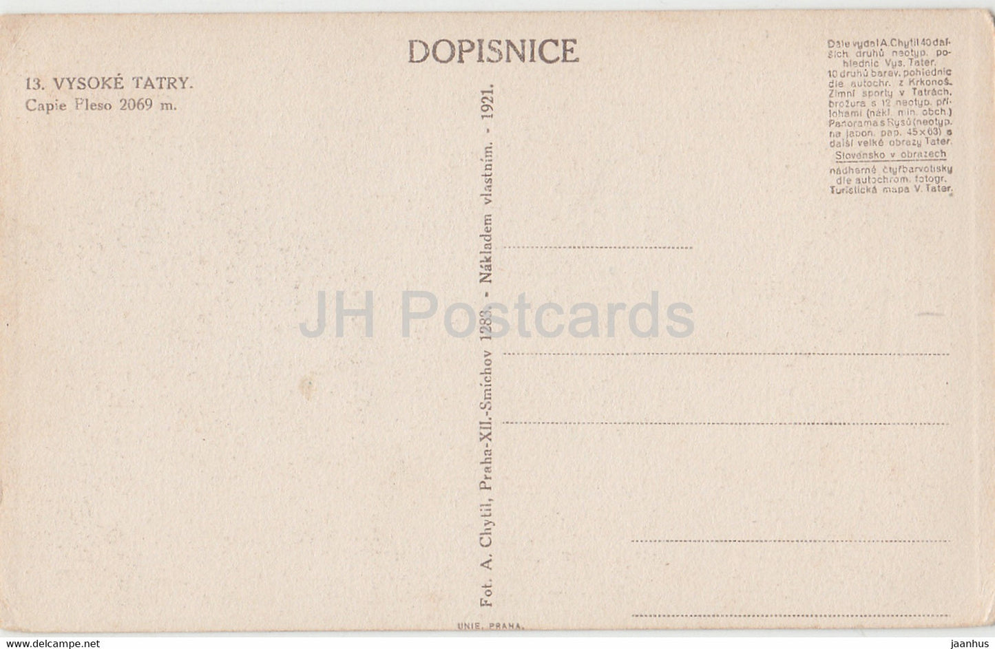 Vysoke Tatry - Capie Pleso 2069 m - old postcard - 1921 - Slovakia - unused