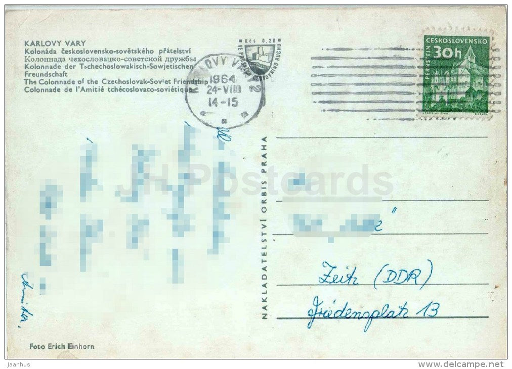 The Colonnade of the Czechoslovak Soviet Friendship - Karlovy Vary - Karlsbad - Czech - Czechoslovakia - used 1964 - JH Postcards