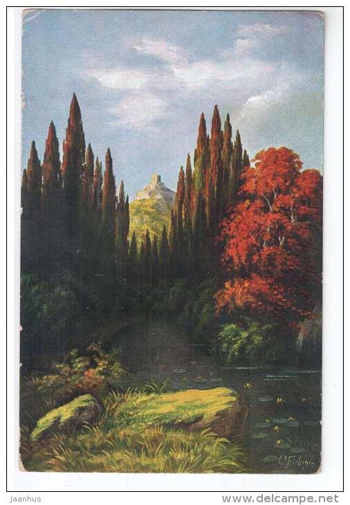 illustration by Fiebiger - castle , hill , sea - Amag 1011 - old postcard - circulated in Estonia 1925 , Tallinn - used - JH Postcards