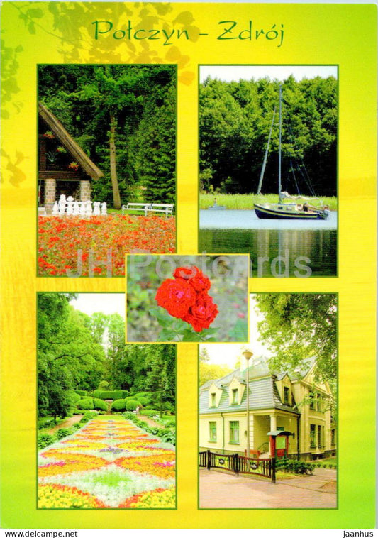 Polczyn Zdroj - Willa Hopferowka - Park Zdrojowy - Fontanna - villa - resort park - fountain multiview - Poland - unused - JH Postcards