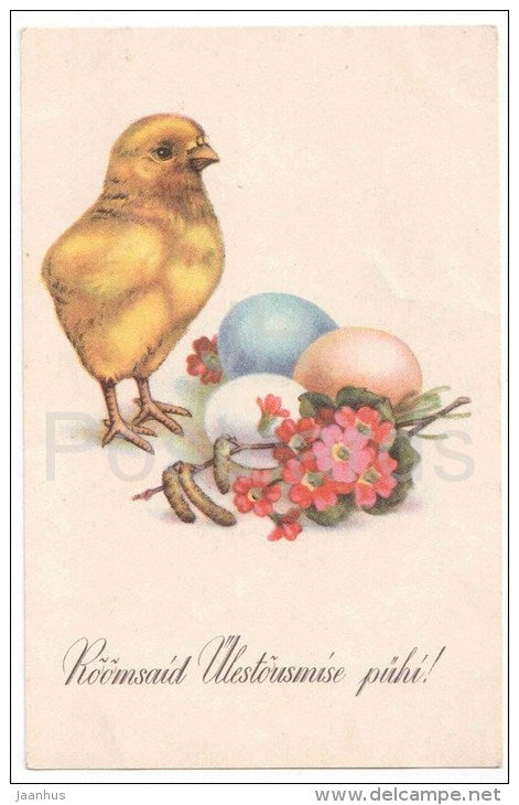 Easter Greeting Card - chicken - eggs - flowers - OL 367 - WO 2 - circulated in Estonia - JH Postcards