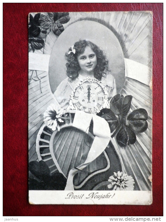New Year Greeting Card - Prosit Neujahr! - clock - girl - no 119 - circulated in Germany , Langensalza - Germany - used - JH Postcards