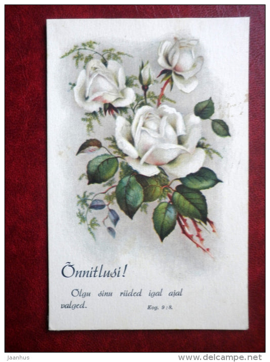 Birthday Greeting Card - white roses - flowers - circulated in Estonia 1938 , Tallinn - used - JH Postcards