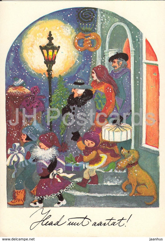 New Year Greeting card - illustration by E. Tikerpäe - 2 - dog - family - bakery - 1987 - Estonia USSR - used - JH Postcards