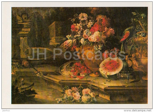 painting by Pieter Casteels III - Still Life - flowers - water melon - Flemish art - Lithuania USSR - 1982 - unused - JH Postcards