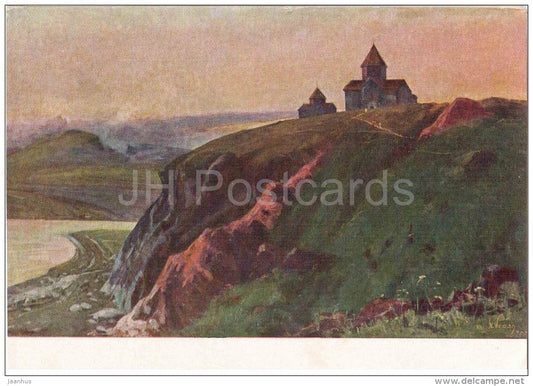 painting by H. Esayan - Evening at lake Sevan - church - armenian art - unused - JH Postcards