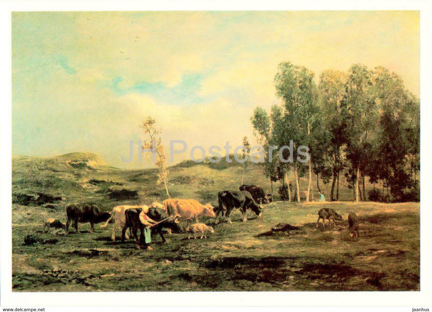 painting by Charles Emile Jacque - Shepherdess with herd in the field - cow - French art - 1983 - Russia USSR - unused - JH Postcards