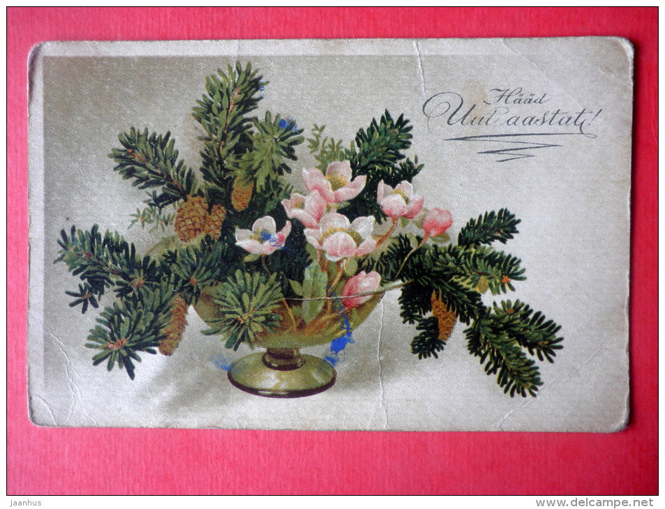 new year greeting card - cones - flowers - WO 720 - circulated in Estonia 1930s - JH Postcards