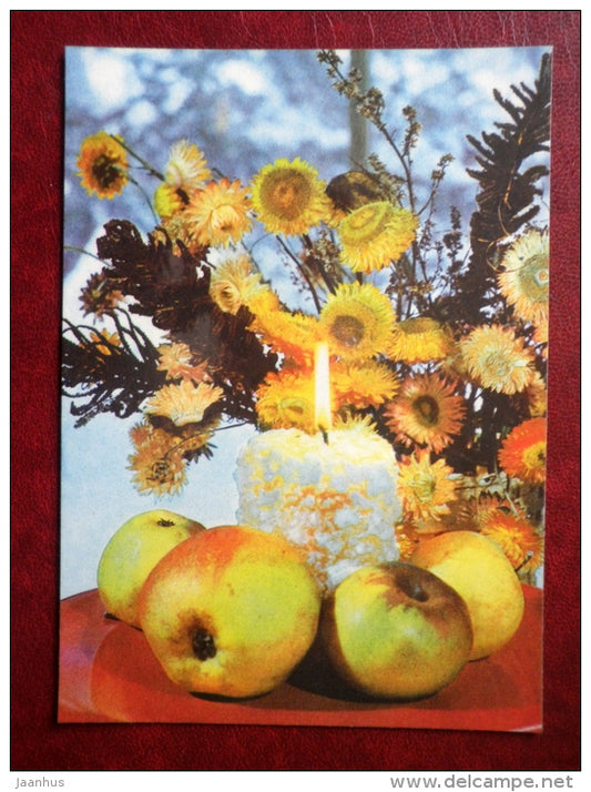 New Year Greeting card - candle - apples - flowers - 1979 - Estonia USSR - used - JH Postcards