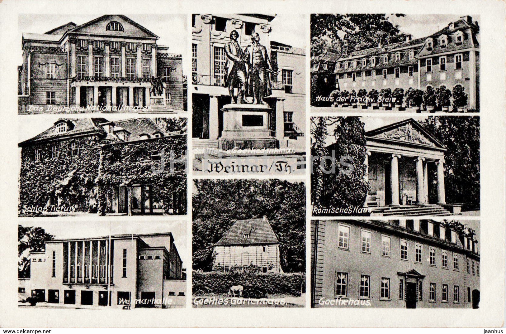 Weimar - Deutsche Nationaltheater - Weimarhalle - Goethehaus - old postcard - Germany - unused - JH Postcards