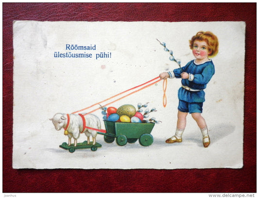 Easter Greeting Card - boy - lamb - eggs - cart - Amag 1697 - circulated in 1929 - Estonia - used - JH Postcards