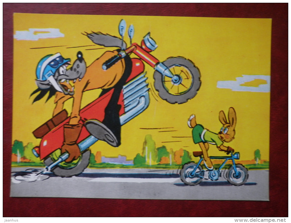 russian cartoon Nu Pogodi - full set of 9 large format cards - wolf - hare - 1986 - Russia USSR - unused - JH Postcards