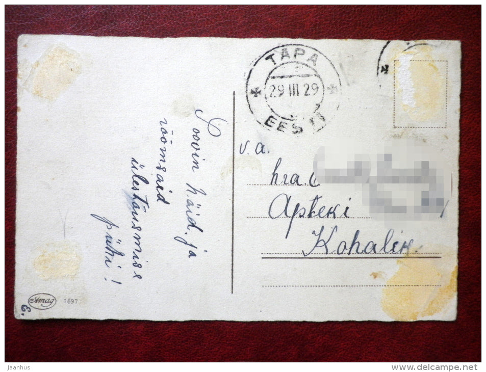 Easter Greeting Card - boy - lamb - eggs - cart - Amag 1697 - circulated in 1929 - Estonia - used - JH Postcards
