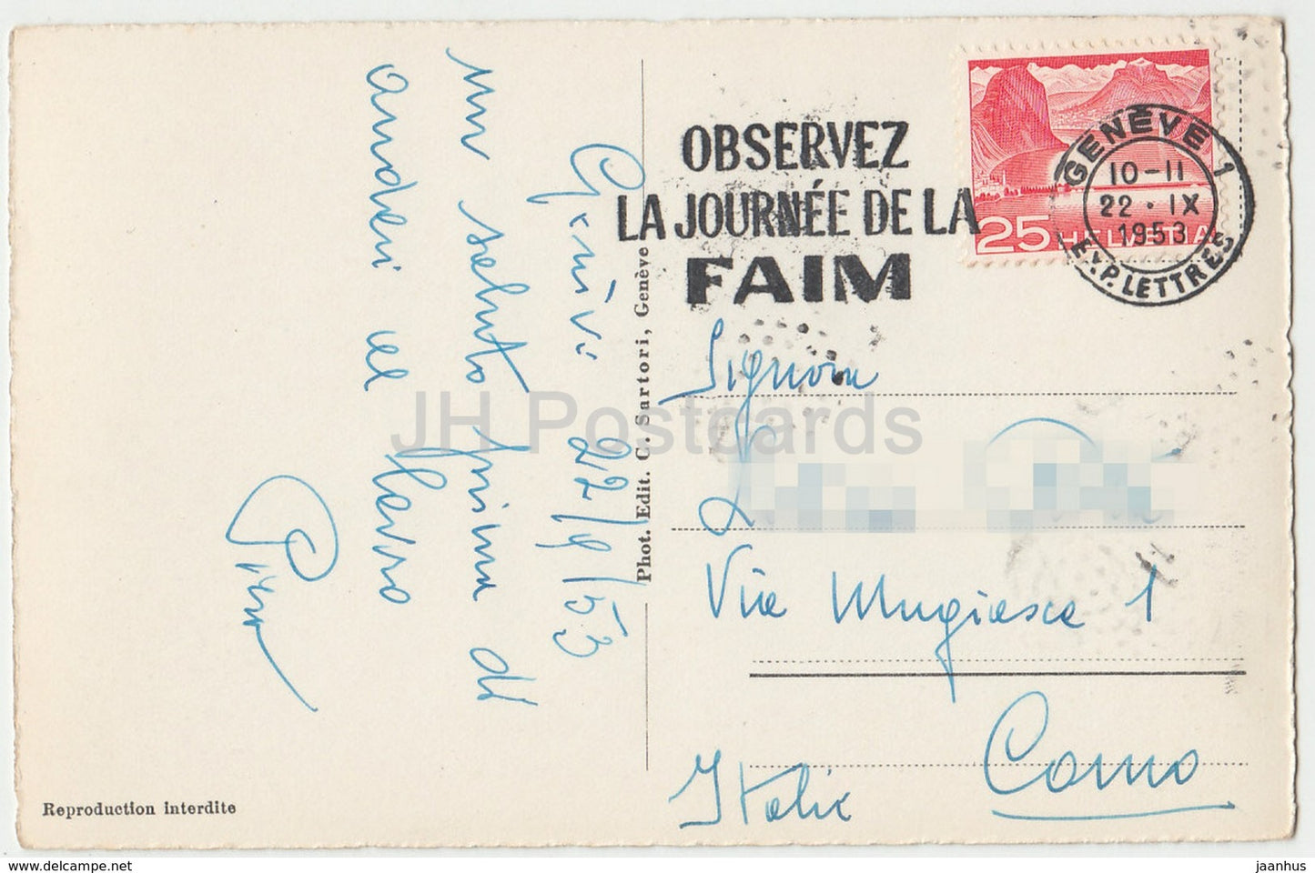 Geneve - Geneva - Le Jet d'Eau et le Mt-Blanc - boat - 179 - Switzerland - 1953 - used