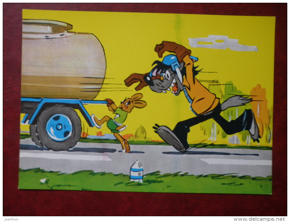 russian cartoon Nu Pogodi - full set of 9 large format cards - wolf - hare - 1986 - Russia USSR - unused - JH Postcards